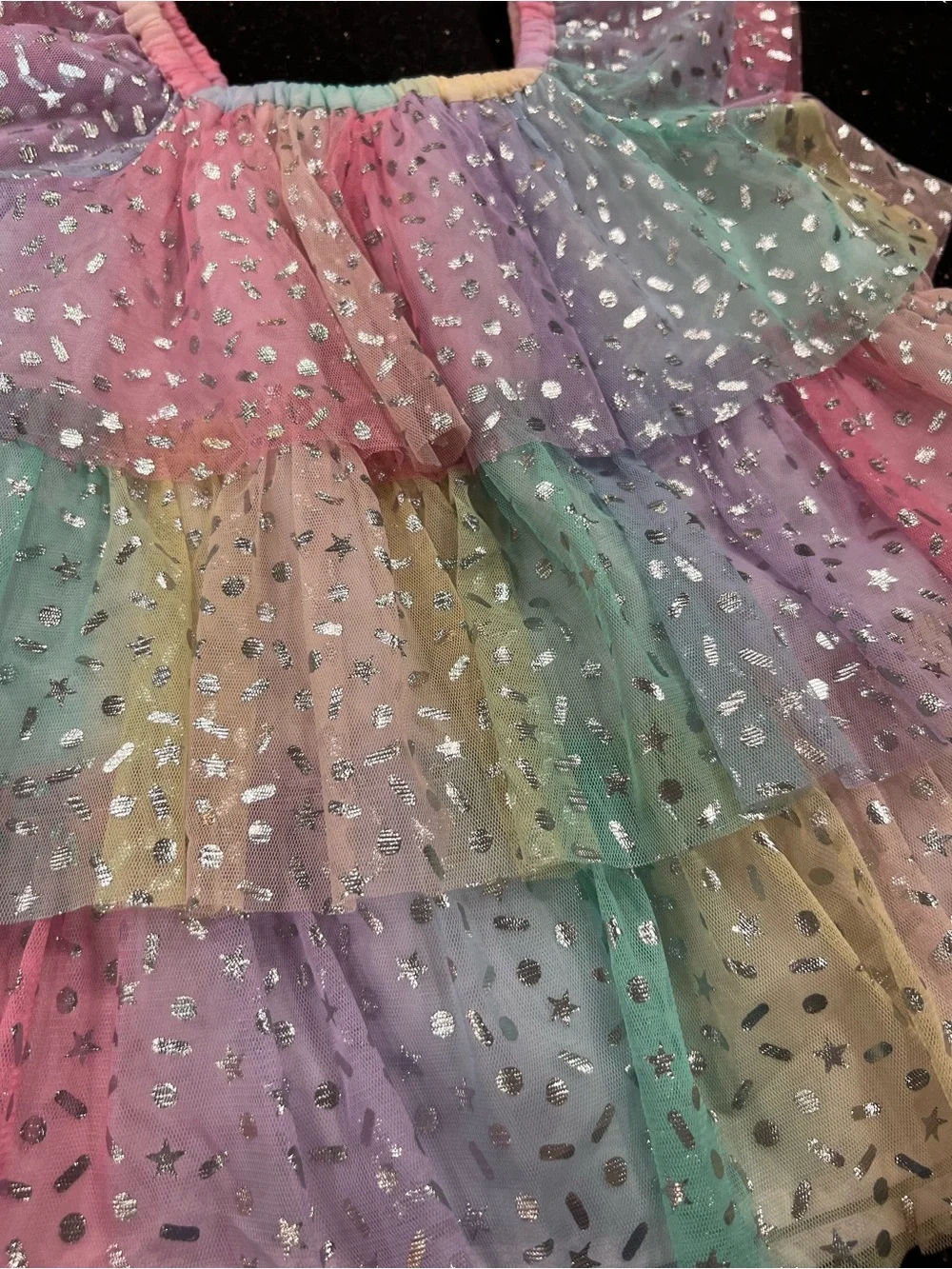 Rainbow Pastel Tutu Dress with Silver Star & Confetti Print